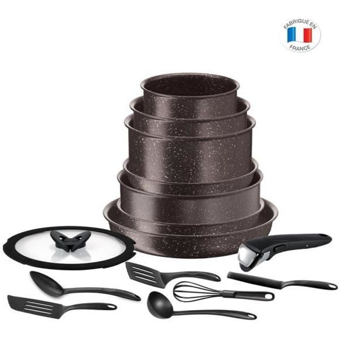 tefal l6789102 ingenio extrême batterie de cuisine 15 pièces - marron effet pierre - fabriqué en france