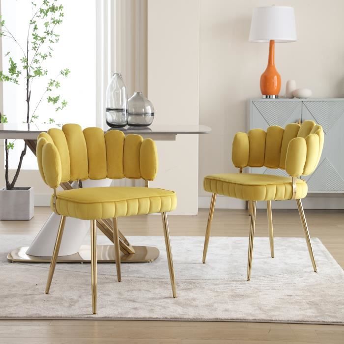 ensemble de chaises 2 pièces-chaise de loisirs-pieds plaqués or-dossier en forme de pétale-tissu velours 58x56x78cm jaune