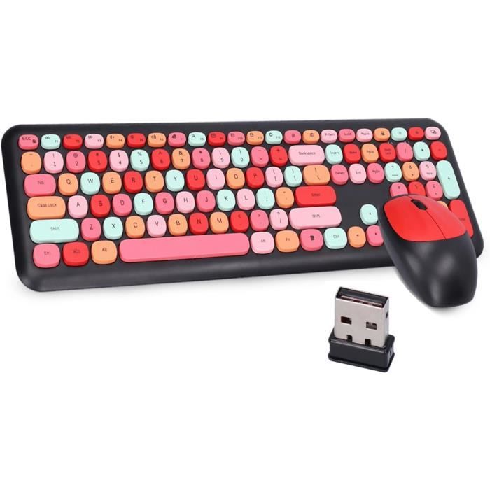 Combo Clavier Et Souris Sans Fil 2.4G - Clavier Rétro 110 Touches Avec Touches Rondes Colorées, Souris Incluse - Compatible Windows, Violet Mélangé