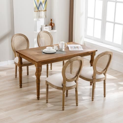 lot de 4 chaises de cuisine de salle à manger avec dossier en rotin avec dossier rond chaise médaillon, pieds en bois massif, crème