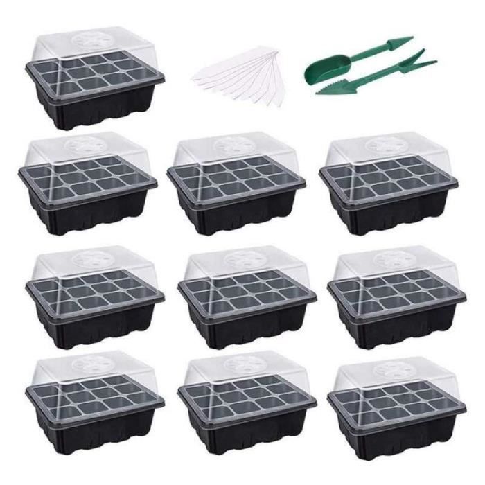 Kit De Plateau De Semis Avec Étiquettes - 5 Cases, Noir, 18.8x14.5 Cm - Pour Germination Intérieur De Légumes, Fleurs