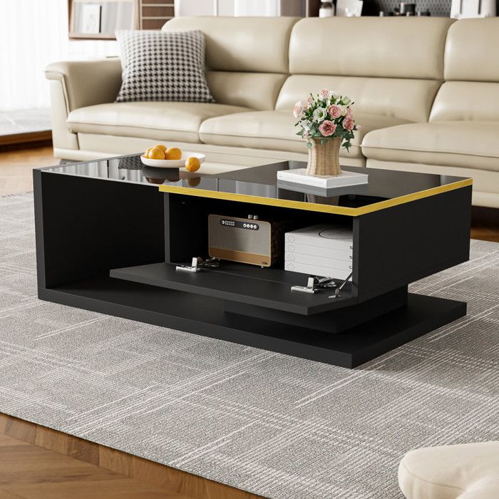 Table basse noire relevable 95x50x40 cm, avec 1 tiroir, 1 placard, LED et rangement semi-ouvert. Haute brillance pour le salon. | Leroy Merlin Table basse noire relevable 95x50x40 cm, avec 1 tiroir, 1 placard, LED et rangement semi-ouvert. Haute brillance pour le salon. | Leroy Merlin