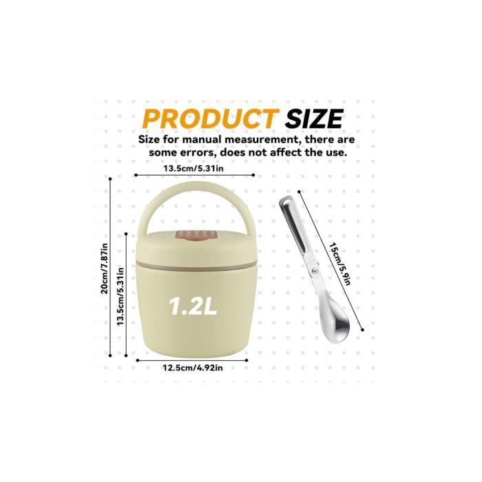 Gamelle Isotherme 1200 Ml En Acier Inox 304 - Boîte Repas Chaude Avec Cuillère Pliante, Pour École Et Bureau