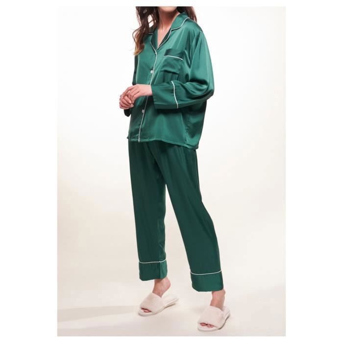 Pyjama fluide en satin KEBELLO Femme Vert Coupe intemporelle Vert Cdiscount Pret a Porter