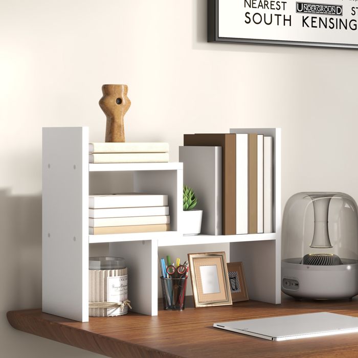 Étagère De Bureau Extensible Avec 2 Tiroirs - Organisateur De Rangement - Blanc, Gris, Bois - 46-60 Cm