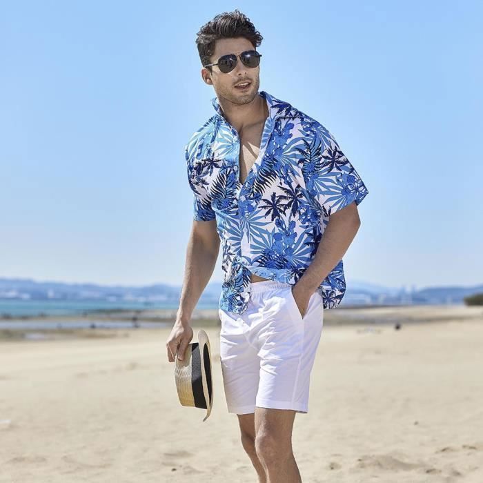 Chemise hawaïenne manches courtes pour homme avec imprimé floral - bleu foncé à fleurs