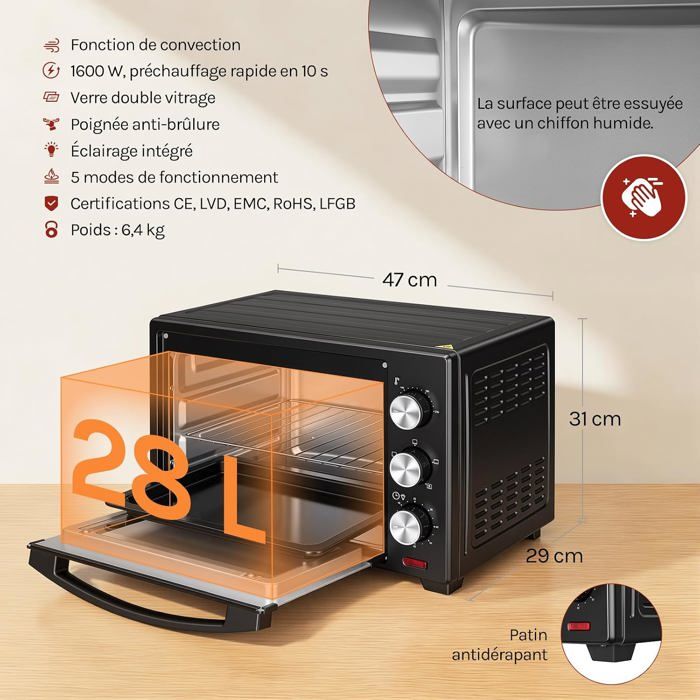 Mini Four WOLTU 28L 1600W - Four Compact Avec Plaque Cuisson, 3 Modes, Minuterie 60min - Idéal Petits Espaces