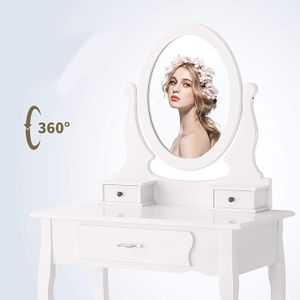 Coiffeuse Avec Miroir Et LED Clipop - Luminosité Réglable - Plateau Verre - Tiroirs De Rangement - Tabouret Inclus