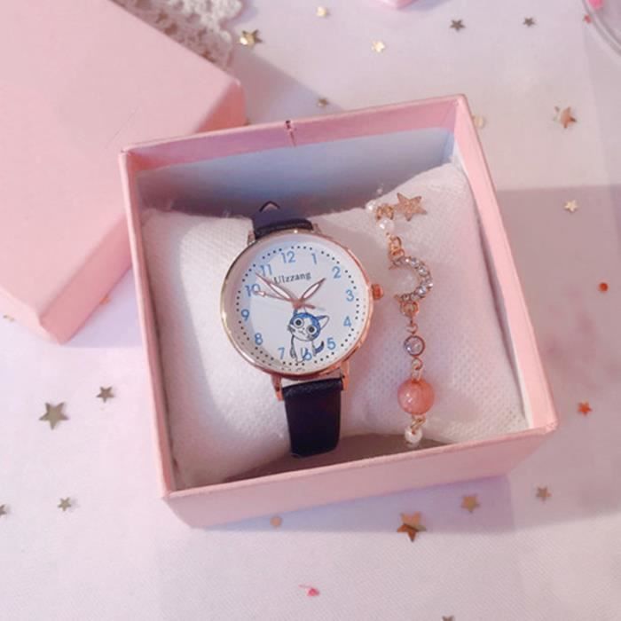 Lot De 4 Montres-cadeaux Pour Filles Avec Bijoux Chat - Montre à Quartz En Cuir Pour Enfants 5 à 16 Ans