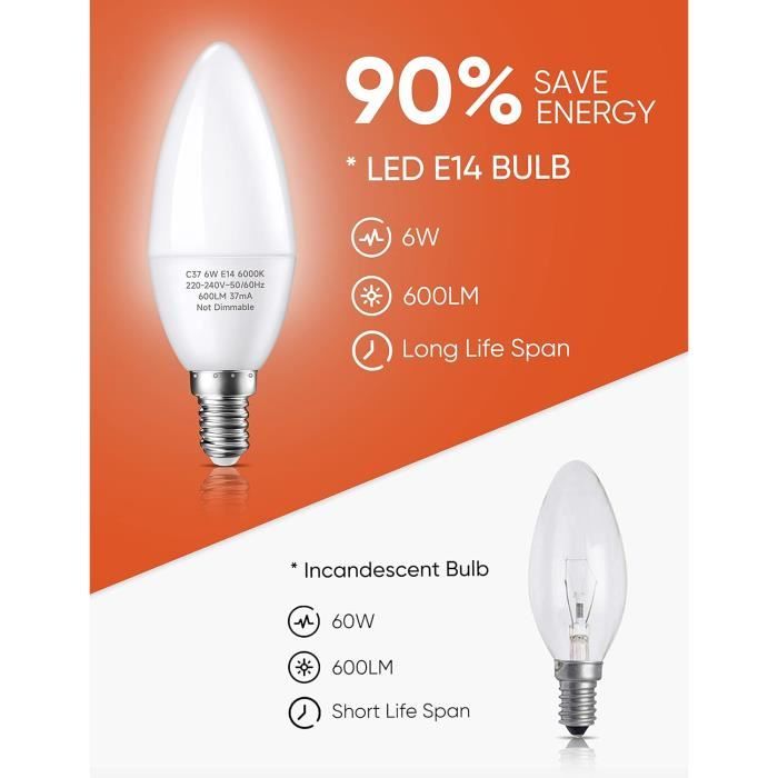 Ampoules LED E14, LED E14 Bougie Ampoule Blanc Froid 6000K, 6w 600Lumens,  Équivalent à 60W Halogènes Lampes, C37 LED[S6] - Cdiscount Maison