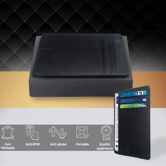 Porte Carte Identité Française Cuir Véritable - Blocage RFID - Minimaliste Noir