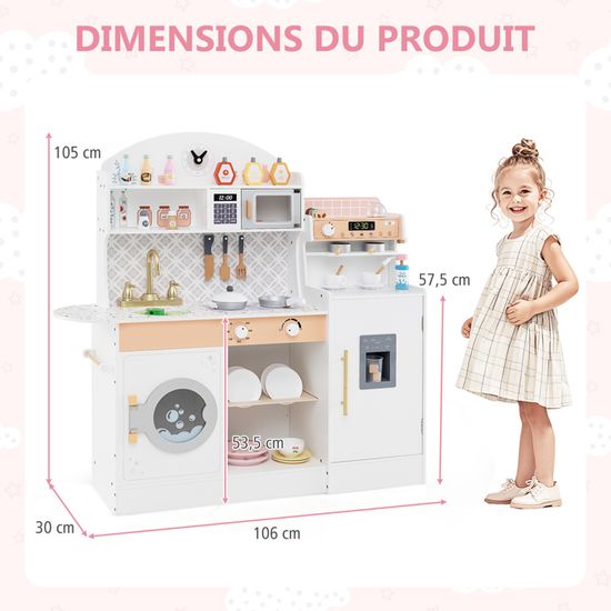COSTWAY Jeu De Cuisine Pour Enfants 65 Accessoires - Cuisine Évolutive Avec Lumières, Sons, Vapeur Et Eau Courante - Rose, 45x26x79cm