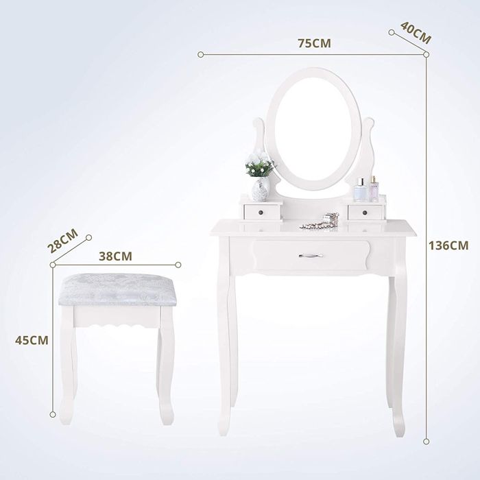 Puselo Coiffeuse avec éclairage et miroir, 3 couleurs de lumière et tabouret, table de maquillage avec 5 tiroirs, 3 étagères et 1 armoire pour chambre à coucher, chambre d'enfant, 90 x 40