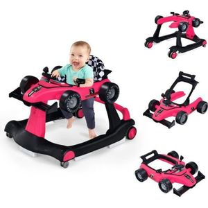 YOUPALA - TROTTEUR COSTWAY Trotteur Bébé Pliable Musical 4 en 1 Apparence de Voiture Pousseur Hauteur et Vitesse Réglables Lumière Volant Rose Rouge