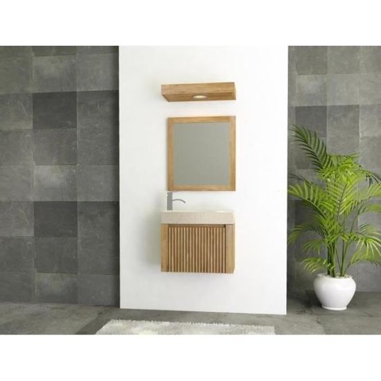 Meuble Salle De Bain Mural En Teck L60 Avec Vasque Blanche Achat