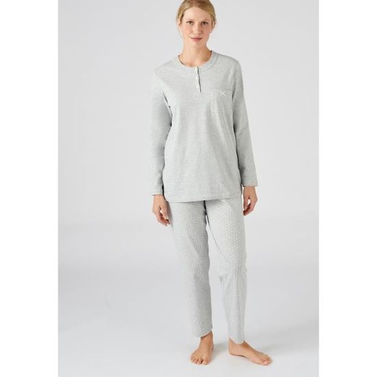 Pyjama femme Damart Pyjama tunique en pur coton peigne manches longues Gris chine clair Imprime plumetis Gris chine clair Cdiscount Pret a Porter