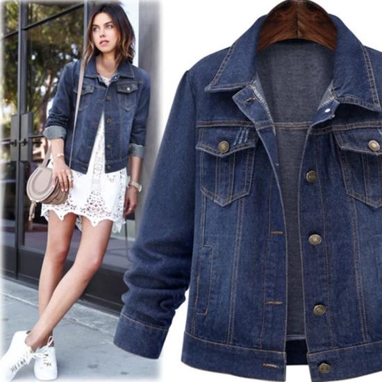 Veste en Jean Femme Grande Taille Blouson Manteau en Denim Jacket Manches longues