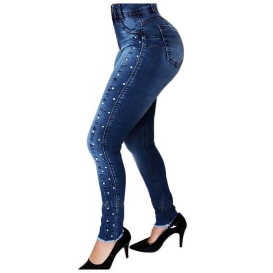 Femmes bleu fonc taille haute jean perl haute Stretch Denim