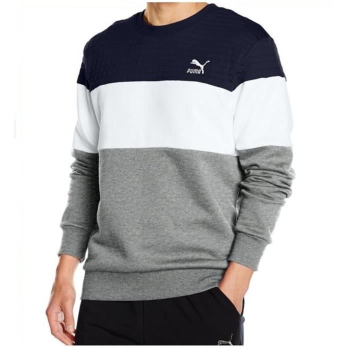 PUMA Sweat Col Rond Homme Gris, marine et blanc - Achat / Vente