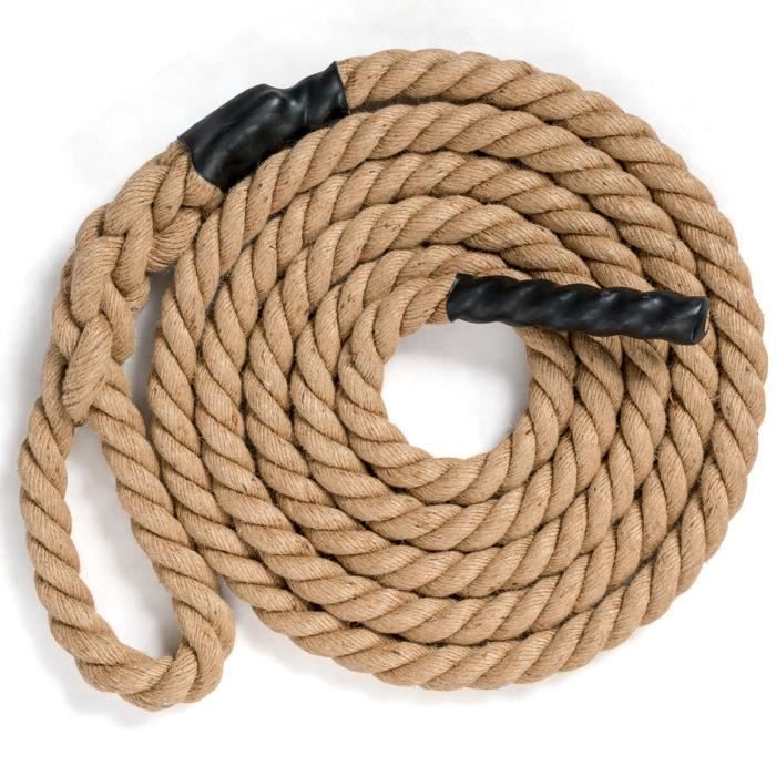 COSTWAY Corde de Sport en Corde de Jute 6M Diamètre de 38MM Corde de Chanvre avec Poignées en Caoutchouc Aucun Support de Montage