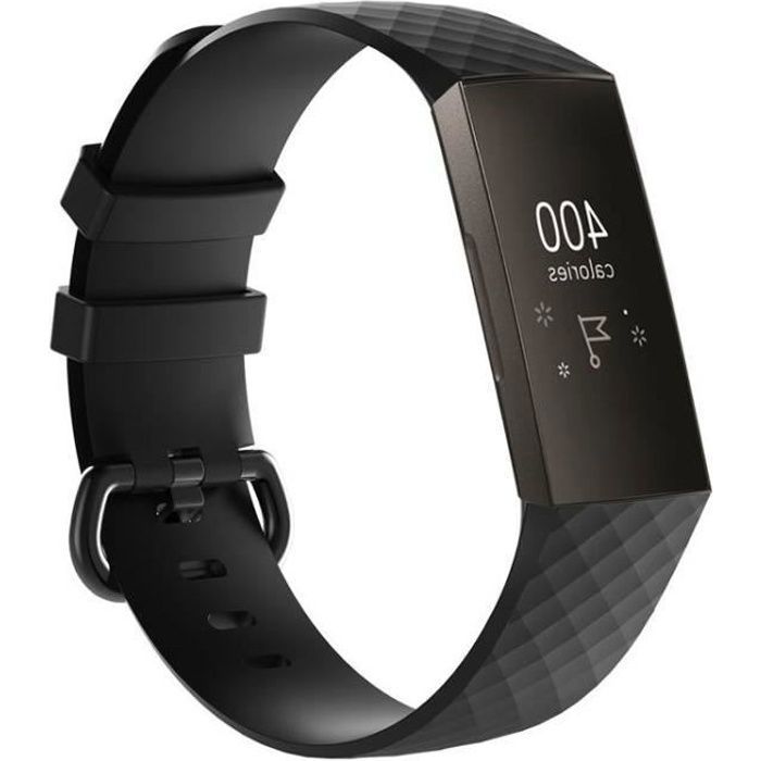 (L)Bracelet de rechange montre sport en silicone pour l'activité fitness Fitness 3 de Fitbit Charge 3-Noir