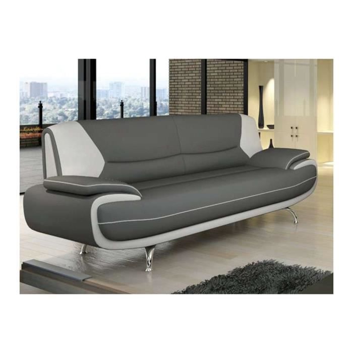 MUZA - Canapé design 3 places en simili cuir gris et blanc