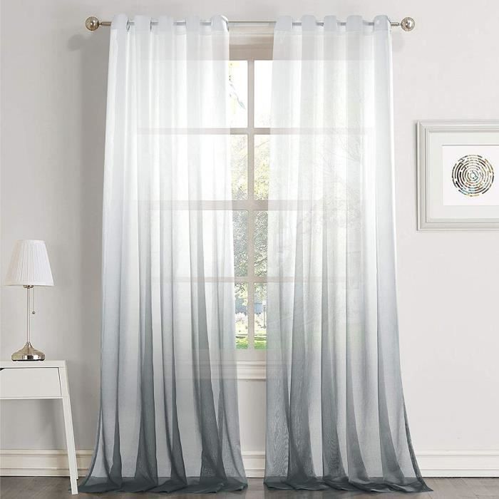 Rideau voilages,Blanc Gris Voilage Ombre Dégradé Voilage Elégant Décor de Fenêtre Voile Salon Balcon Chambre 140X240cm 2pcs