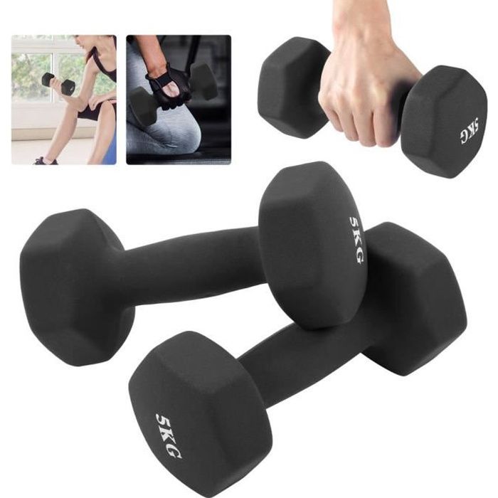 Haltères hexagonales 2Pcs x 5kg Entraînement De Gym À Domicile Haltères Haltérophilie noir -HEG