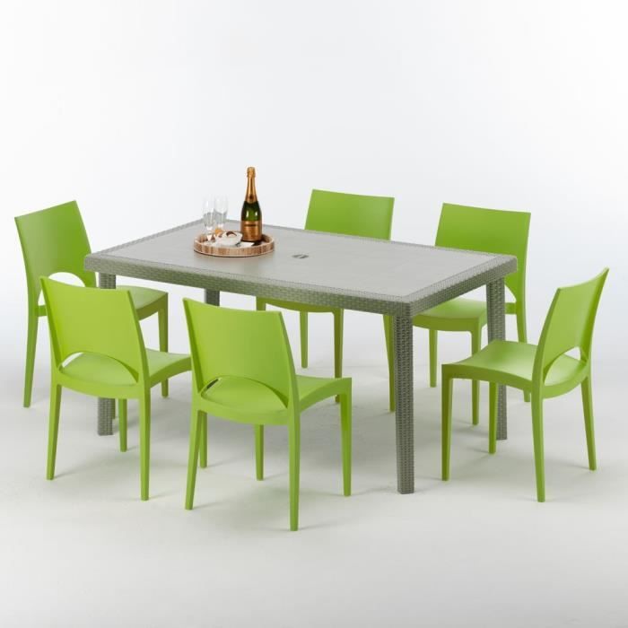 Table rectangulaire et 6 chaises Poly rotin resine ensemble bar cafè exterieur 150x90 Beige Marion, Chaises Modèle: Paris Vert