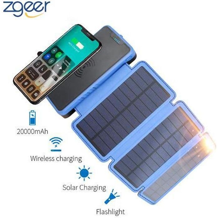 Batterie Externe 20000mAh Power Bank Portable Étanche avec Chargeur à Induction sans Fil, bleu,3 Panneaux Solaire, 2 Ports USB pour
