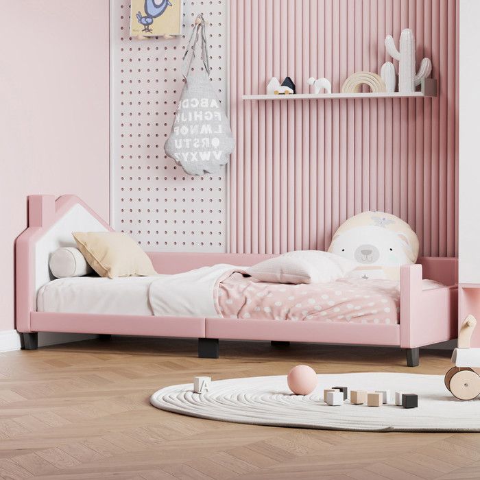 modernluxe lit pour enfant 90x200cm, canapé-lit en similicuir pour enfant, avec tête de lit, pied de lit et dossier, rose