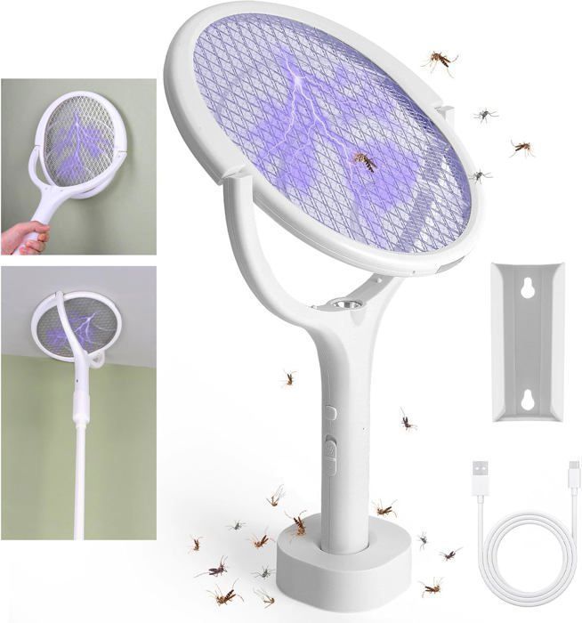 Tête Rotative Raquette Electrique Insectes avec Rallonge Télescopique 3500V 1200 mAh Lampe Anti Moustique-Blanc