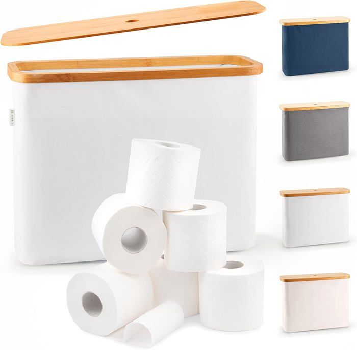 Boîte De Rangement Pour Papier Toilette En Bambou 28L - Couvercle En Bambou - Étanche - Pour 9 à 12 Rouleaux - Gris - 8