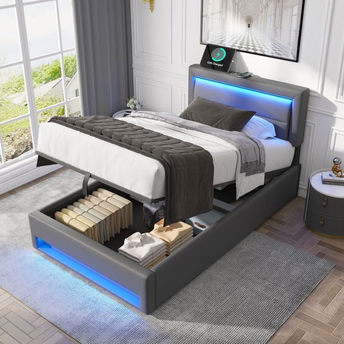 Lit 1 Place avec Sommier et LED Lit Coffre 90x200cm de Rangement avec port USBLit Capitonné SimpleSimilicuir Motif LycheeGris