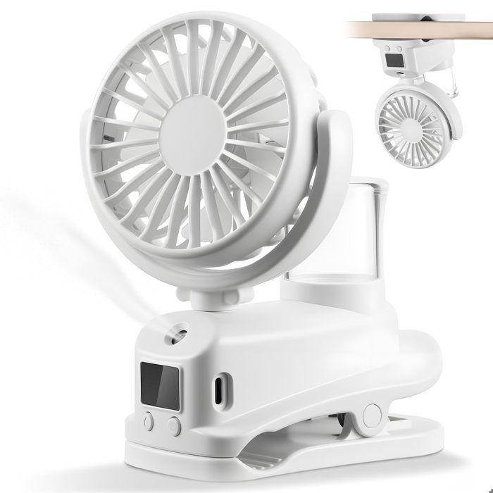 Ventilateur brumisateur à pince avec écran LED mini ventilateur portable rechargeable 4 vitesses pour bureau (blanc) - Alfoyu