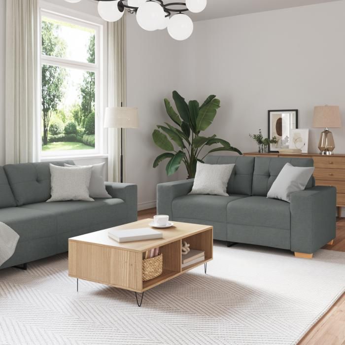 Canapé 3 places - Tissu gris foncé - Confort moelleux - Design contemporain - Non déhoussable
