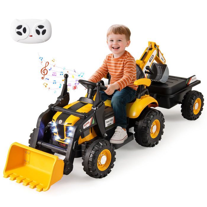 GOPLUS Bulldozer à Chevaucher Électrique Avec Casque – Pelle Mobile Manuelle, Roues Larges, Son, Pour Enfants Dès 3 Ans – Jaune
