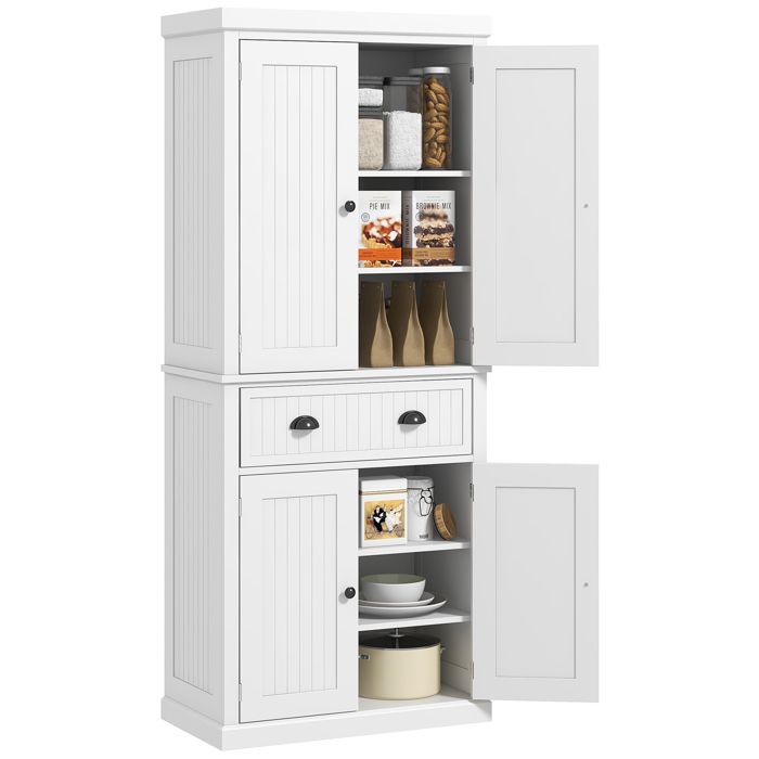 Buffet haut cuisine - HOMCOM - multi-rangements étagères réglables 4 portes et grand tiroir - 76 2 x 40 2 x 183 cm - blanc Buffet haut cuisine - HOMCOM - multi-rangements étagères réglables 4 portes et grand tiroir - 76 2 x 40 2 x 183 cm - blanc