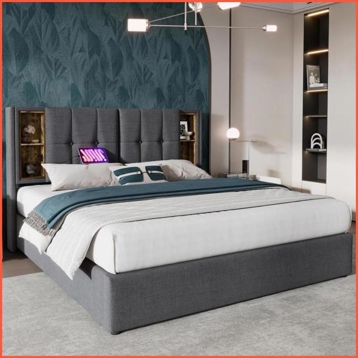 Châlits et Sommiers :Châlit Double Rembourré - Chargement Sans Fil USB-C + Rangement - 140x200cm - Gris Coton