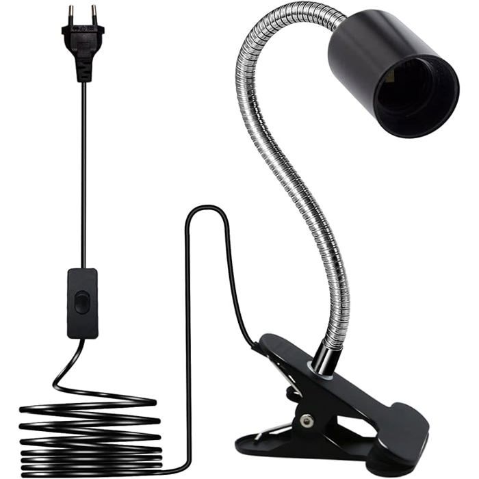 Douille ampoule E27 à pince col de cygne 350mm réglable 360° base clip noir LAMPE A POSER