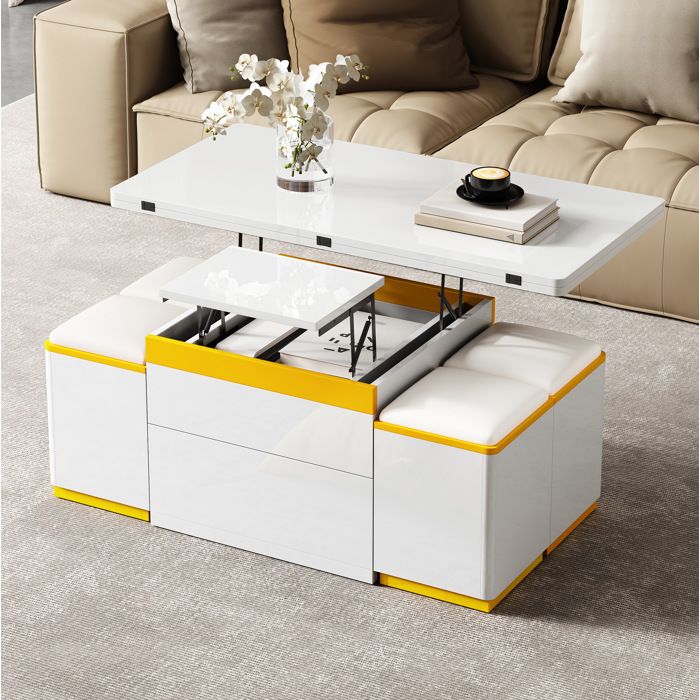 MEUBLIV Table basse relevable avec rangement et 4 tabourets 100×50×43 cm MDF blanc et jaune