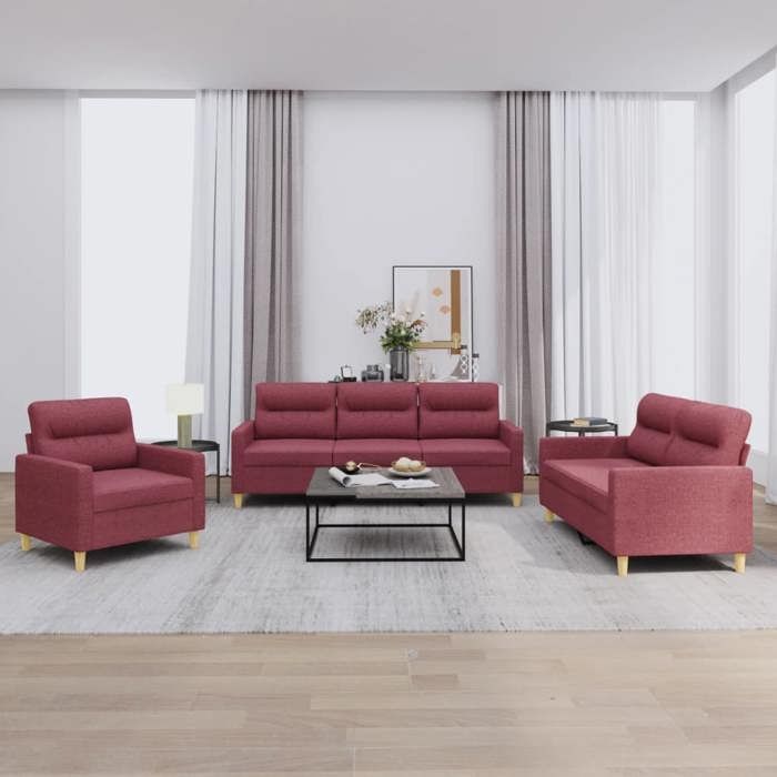 Ensemble de canapés avec coussins - vidaXL - Rouge bordeaux - 3 pièces - Tissu polyester - Fauteuil: 78x77x80 cm