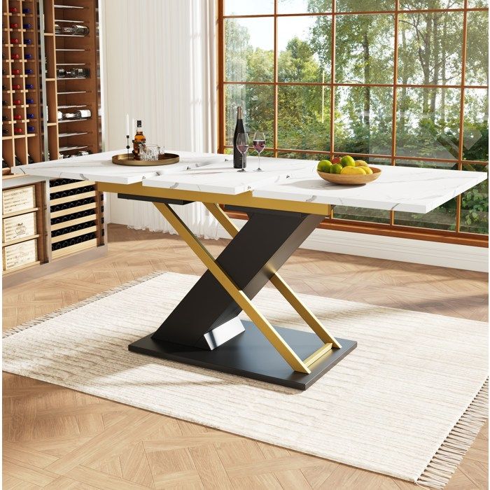 Table à manger extensible rectangulaire blanc. placage marbre. 6 à 8 personnes. salon cuisine. MDF. 120/160×75.4 cm