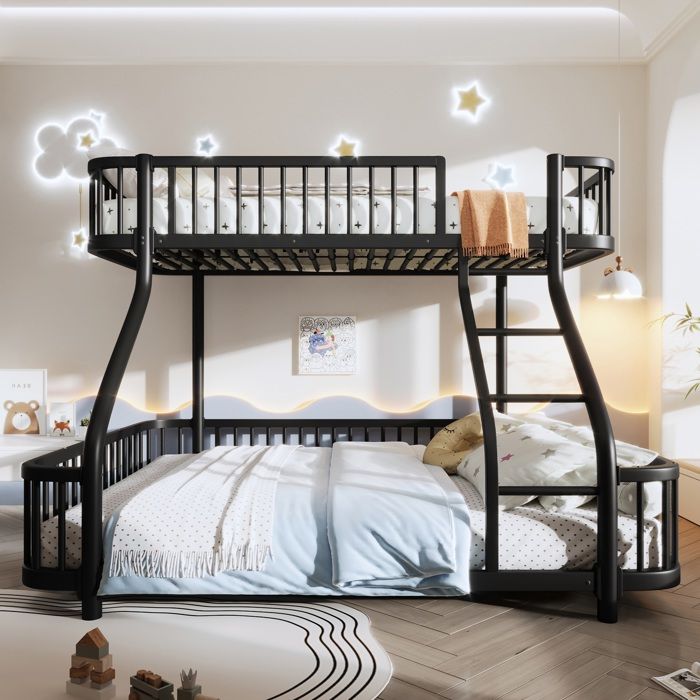 Lits superposés 90x200cm+140x200cm cadre en ferlit enfant avec barrières de sécurité et échellelit 3 places sommier à lattesnoir