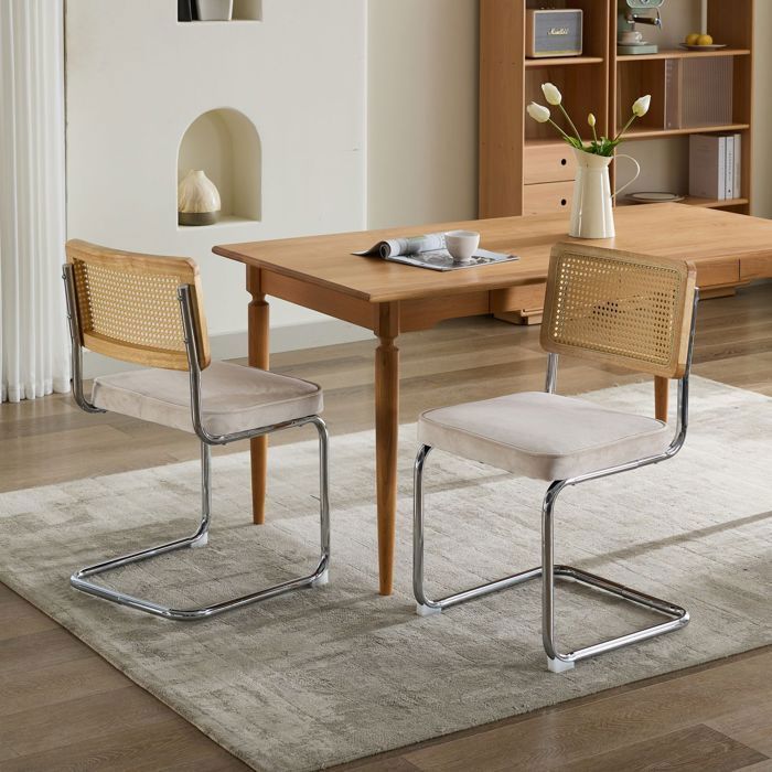 Lot de 2 Chaises de Salle à Manger en Velours - BELLEMAVE - Dossier en Rotin - Base Inox Chromé - Chaises Rembourrées - Beige