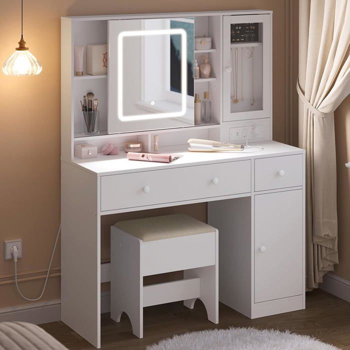 Coiffeuse avec Prise de Courant - WOLTU Table de Maquillage avec Tabouret - Miroir LED Réglable - Blanc