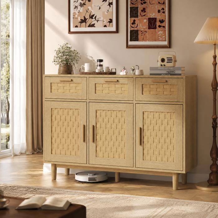 Buffet 1079x40x80 cm3 portes3 tiroirseffet cannagegrand rangement naturelpour cuisinesalle à manger et salon