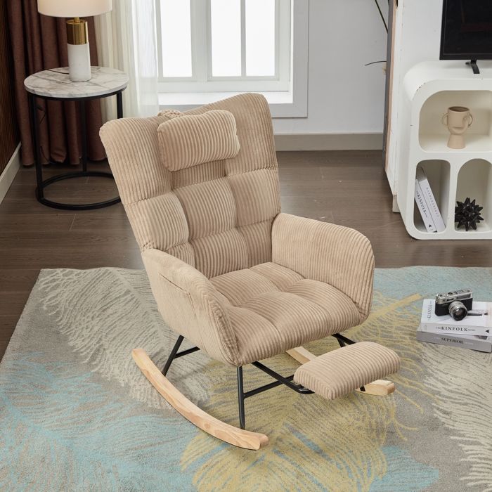 Fauteuil à Bascule 65x102x92 Cm Avec Repose-pieds Dossier Haut Assise Rembourrée Tissu Marron