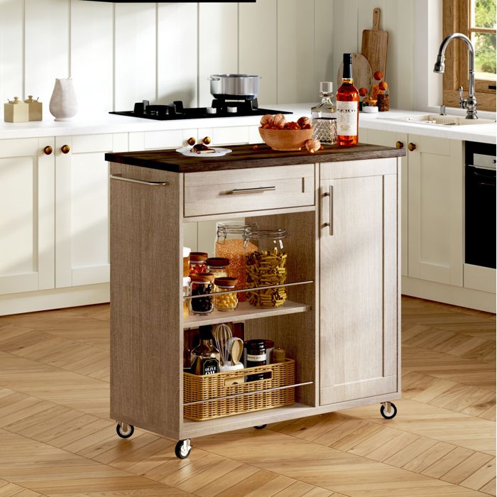 Desserte de cuisine 90x62x90 cm 1 tiroir placard étagères roulettes freinées MDF naturel