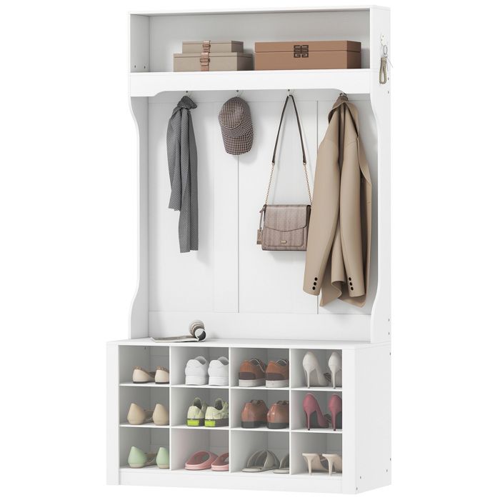 LIA Porte-Manteau 4-en-1 avec Banc Banc dEntrée avec 12 Compartiments à Chaussures 6 Crochets et Étagère Ouverte Blanc